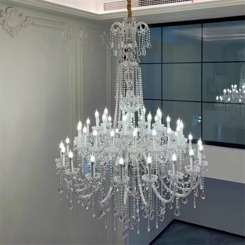 lustre cristal transparent classique 10 lumières baroque salon decoration chrome poli câbles fixation