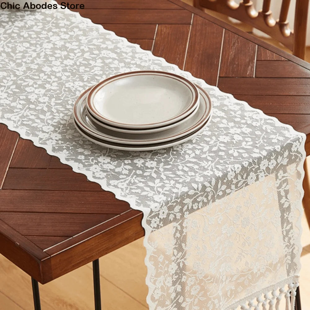 nappe table dentelle florale transparente noir blanche beige décoration champêtre vintage assises dîner réception