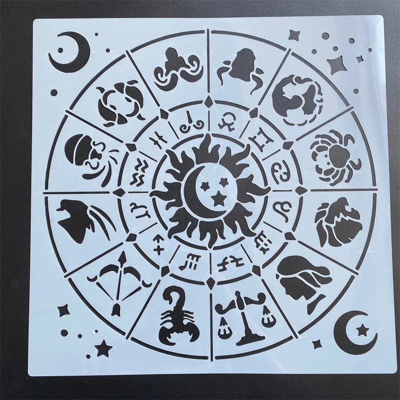 Stencil mandala zodiaque motifs floraux geometriques blanc artisanal laser cut 30cm 30cm