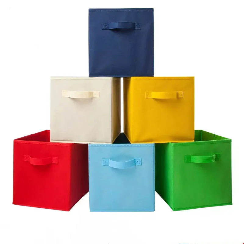boîtes rangement pliables tissu uni moderne bleu marine beige jaune vert poignées détachables respectueux