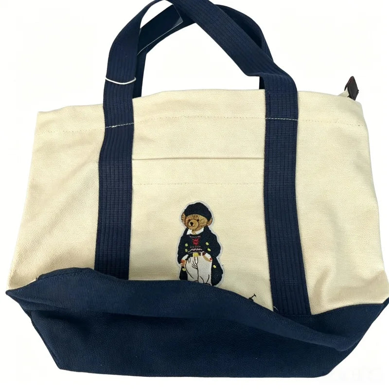 sac main toile beige bleu marine ours motif casual fermeture glissière portable quotidien travaux