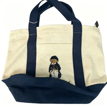 sac main toile beige bleu marine ours motif casual fermeture glissière portable quotidien travaux