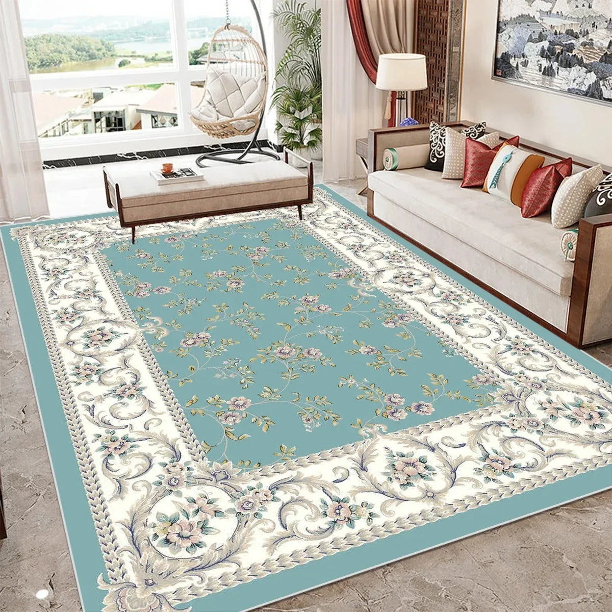 tapis oriental floral rouge beige doré extérieur salon chambre moelleux antidérapant moderne