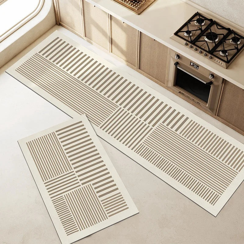 tapis sol antidérapant polyester rayé moderne salle bain cuisine beige gris clair absorbant rapide