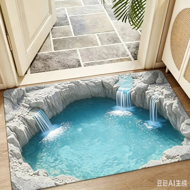 tapis décoratif moderne paysage cascade végétation bleu gris vert noir