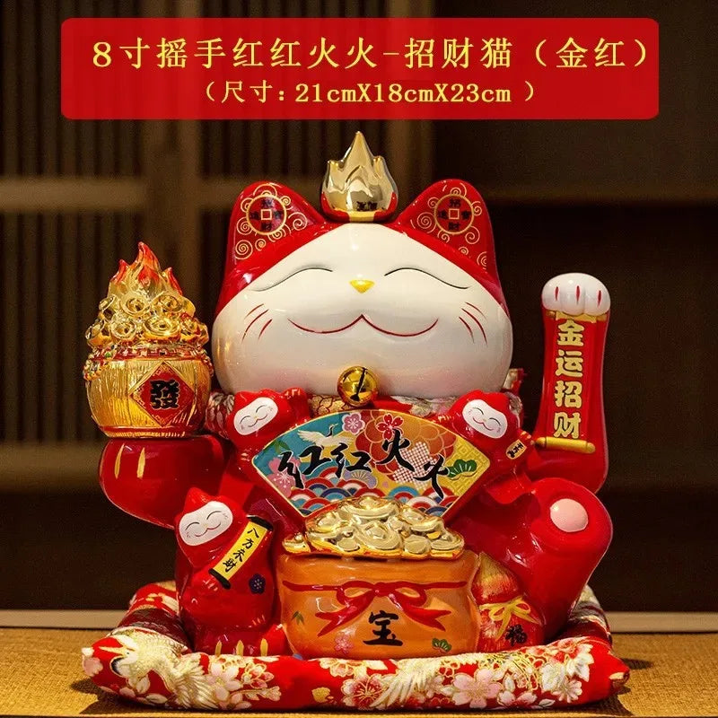 statue chat porte bonheur fleurs chinoises blanc rouge or artisanal décoration