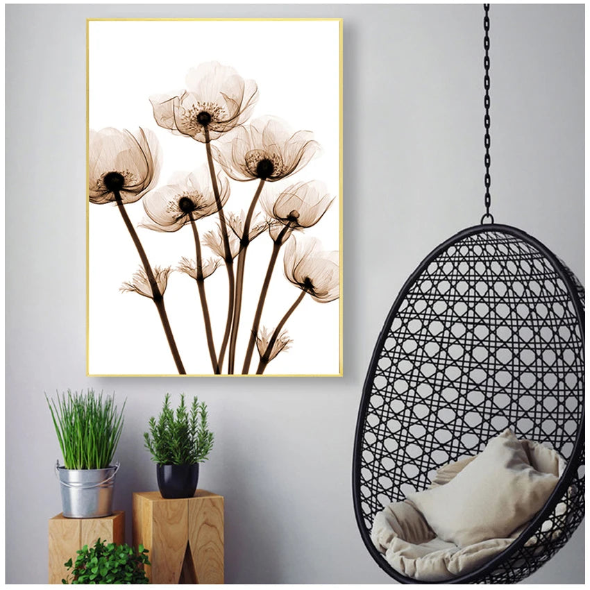 tableau toile art fleurs abstraites moderne cadre doré décoration murale salon beige blanc