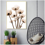 tableau toile art fleurs abstraites moderne cadre doré décoration murale salon beige blanc