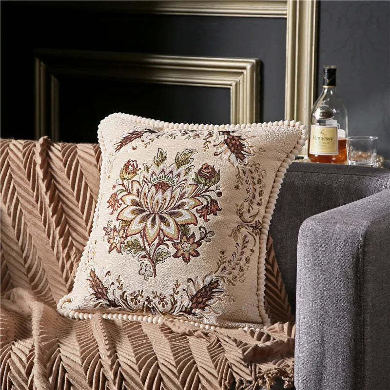 coussin carré floral brodé vintage chenille marron bleu marine élégant zippéversible