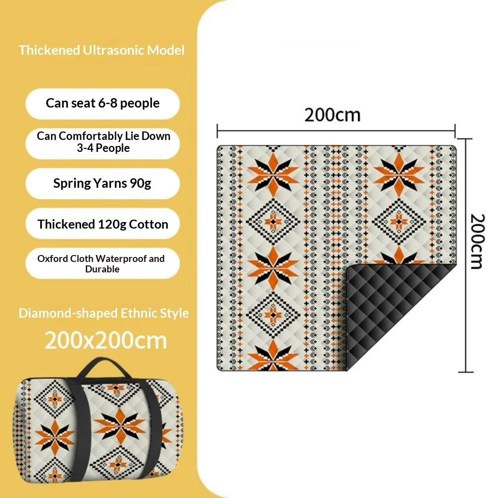 tapis pique nique pliable imperméable motif ethnique sac transport couleur beige orange bleu rouge