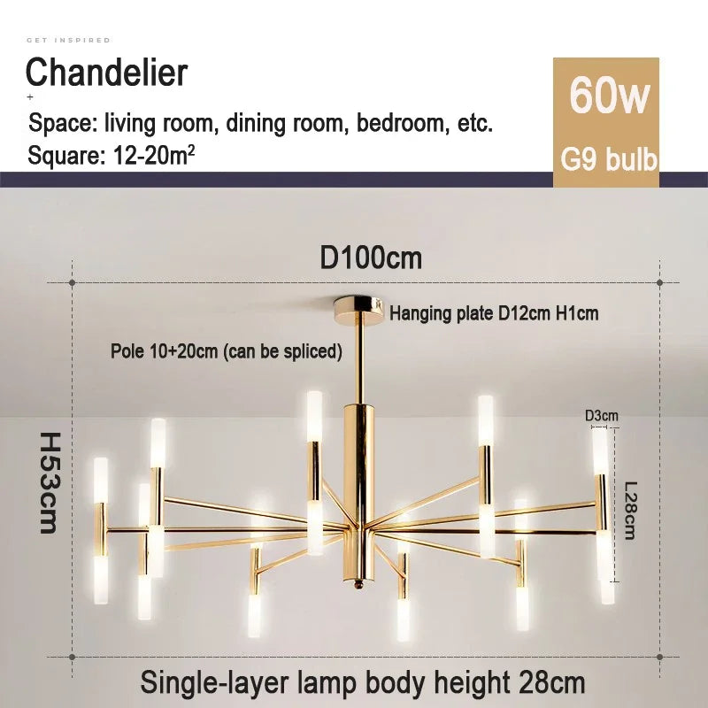 Suspension lumineuse moderne or structure géométrique tubes lumineux fixation crochet éclairage led chambre salon