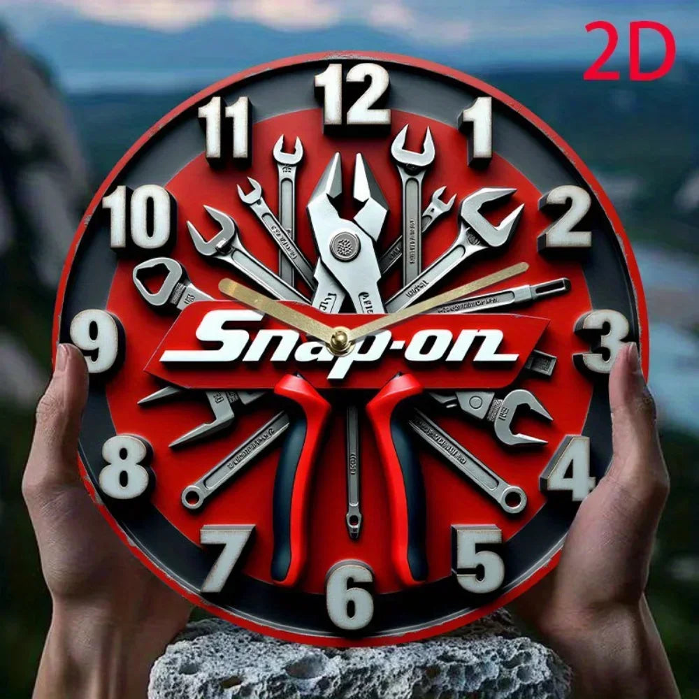 horloge murale industrielle outils clés rouge 3d métal brossé fleurs jaunes vase