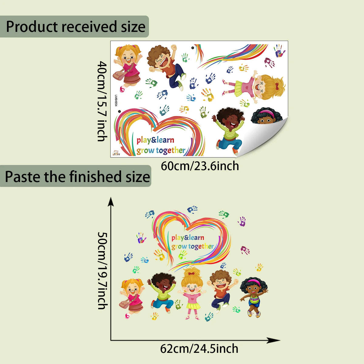 sticker mural cartoon multicolore personnages souriants main coeur arc ciel adhésif chambre salon