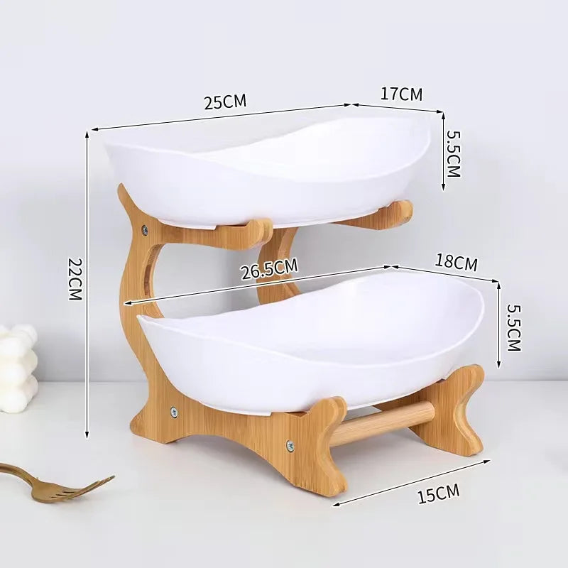 support fruits moderne bois blanc bambou compartimenté rose clair vert clips métalliques fruits variés
