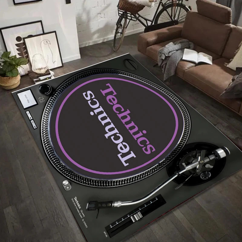 tapis dj logo technics moderne adhésif noir bordure blanche polypropylène polyester rectangle
