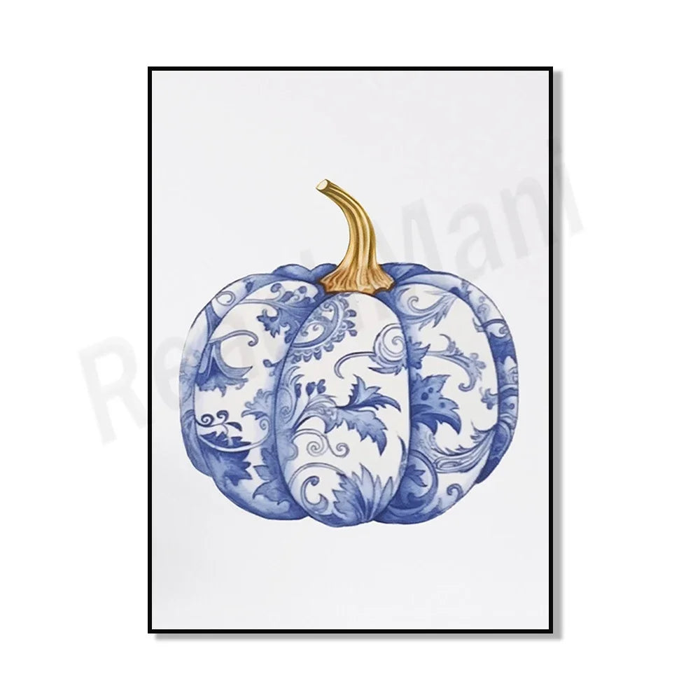 Une élégante citrouille peinte dans un style bleu et blanc décoratif, avec un beau motif floral sur la surface.