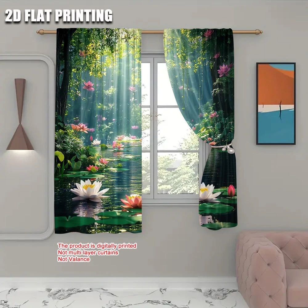 rideau polyester paysage forêt fleurs lotus moderne opacité vert blanc rose