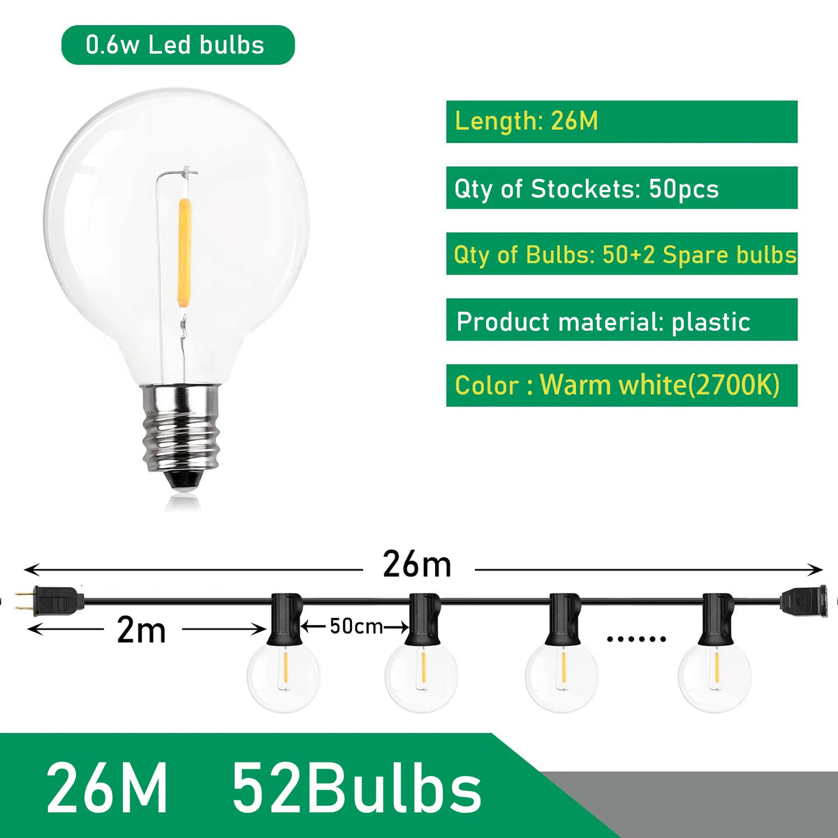 guirlande lumineuse extérieure 26m 50 led blanc doré moderne transparent