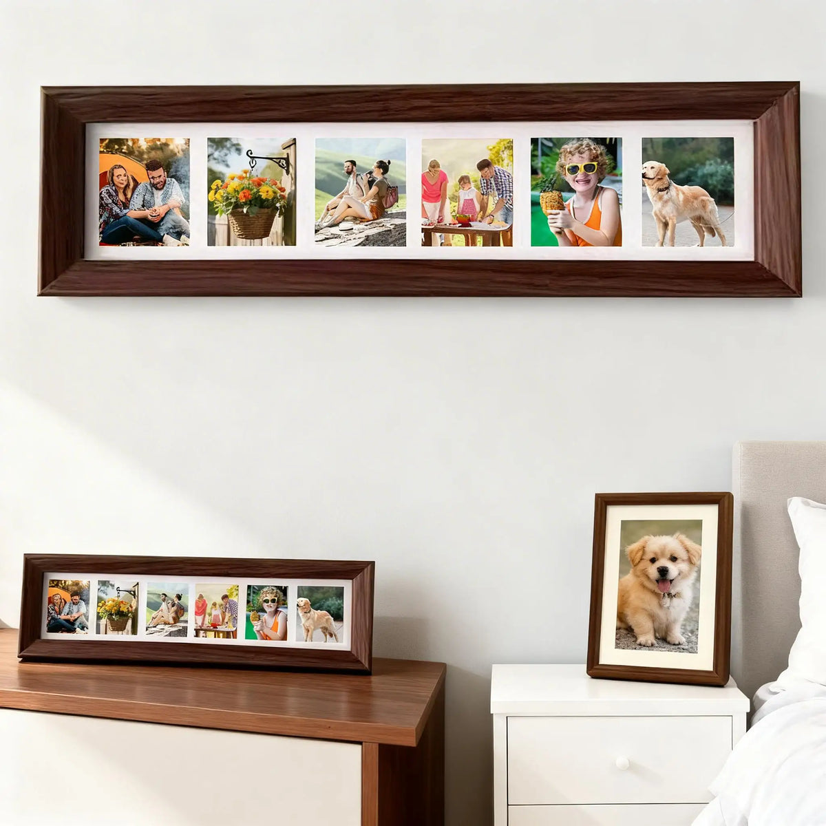 cadre photo multiple bois classique emplacements photos traditionnel marron foncéintérieur crème accrochage mural decoration