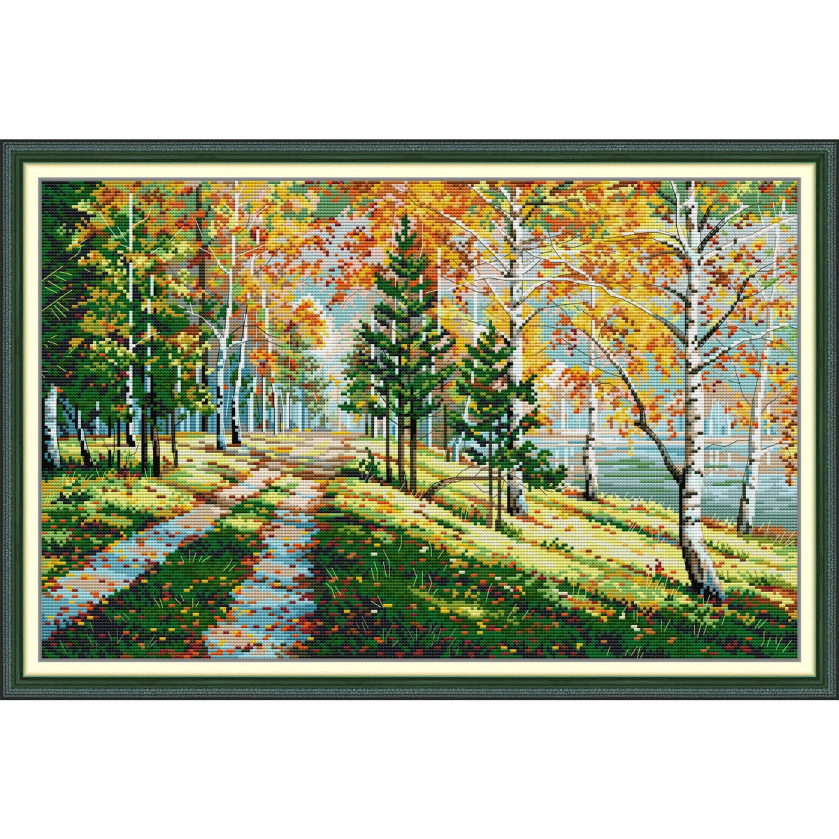 kit broderie paysage automne arbres feuilles tombées chemin lac peinture coton multicolore traditionnel guide