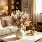 bouquet fleurs séchées naturel rustique beige doré feuilles épis décoration intérieure vase blancextérieur exposition