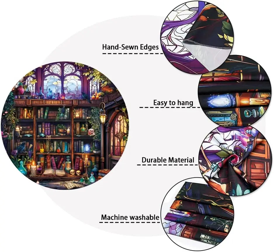 tapisserie murale fantastique multicolore arbres livres potions crânes bougies bibliothèque