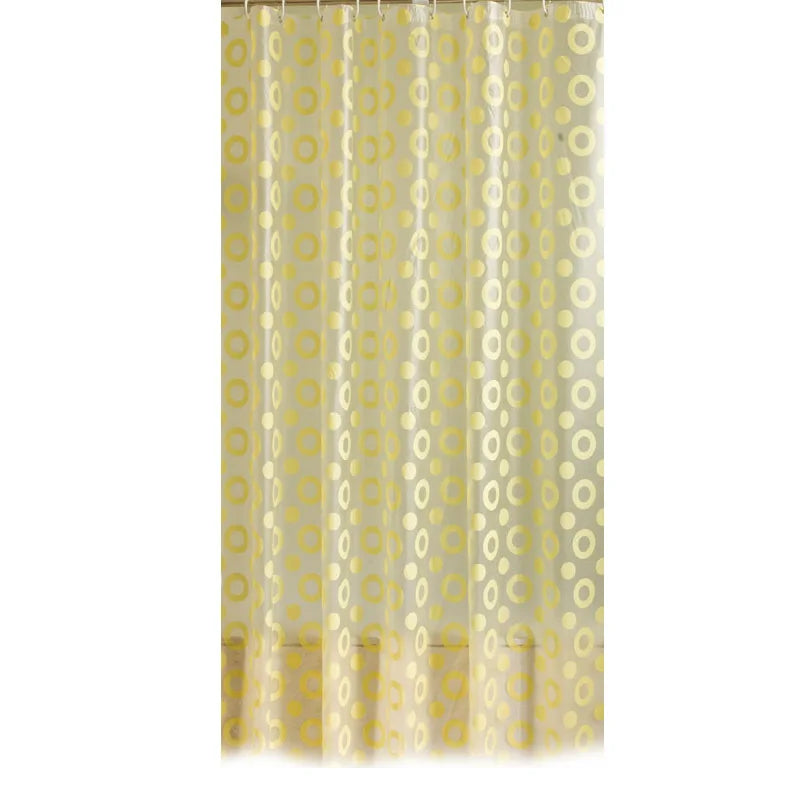 rideau douche moderne transparent cercles dorés métalliques blanc jaune clair salle bain decoration