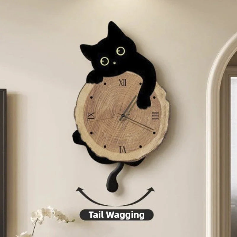 horloge murale chat dessin animé balançoire silencieuse salon chambre aiguille rouge noir moderne