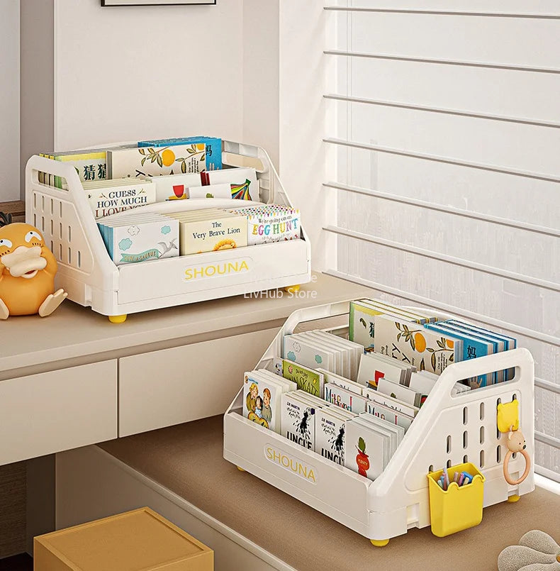 support livres blanc jaune moderne poignées compartiments livres support jouets transparent assemblage chambre enfant