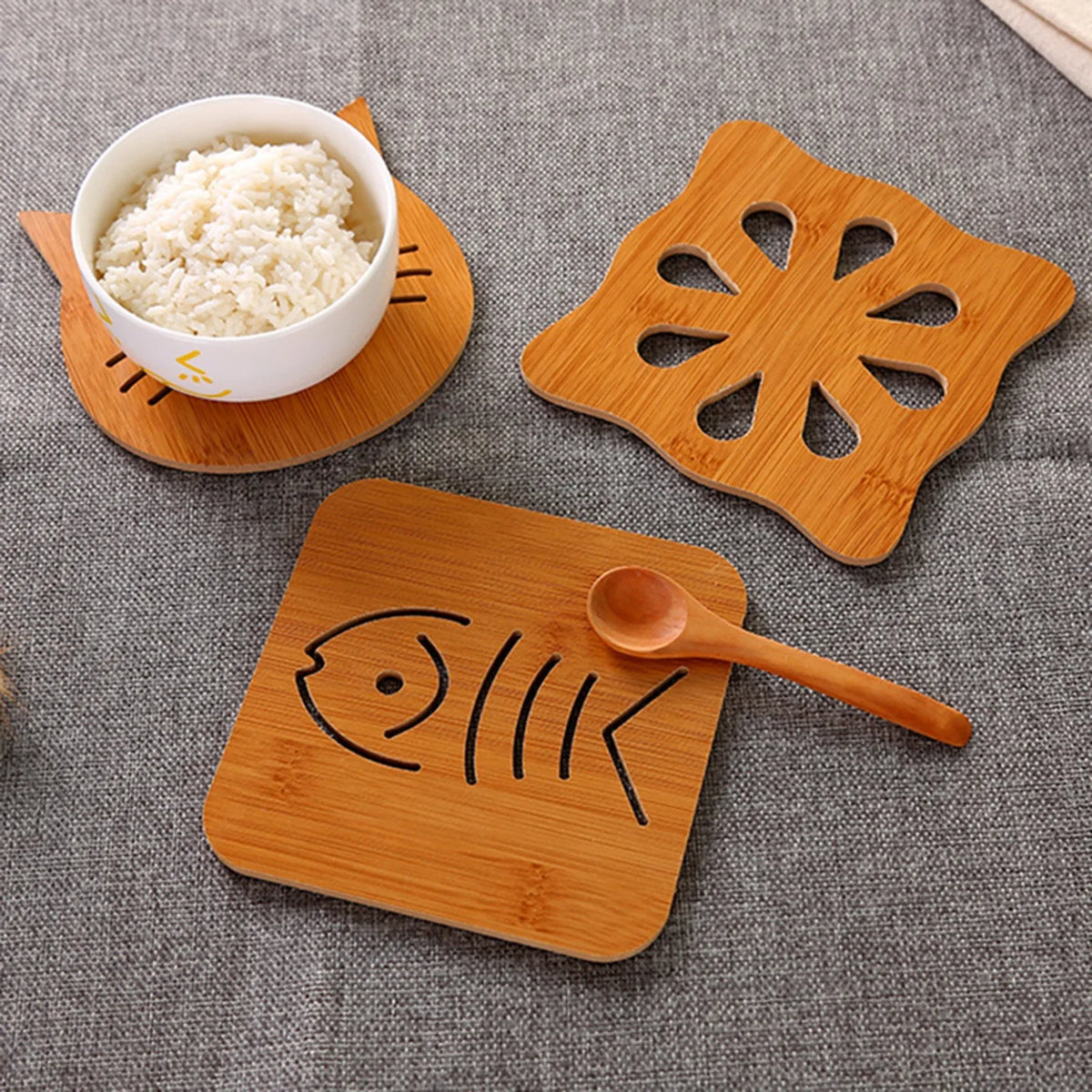 soucoupes bambou motifs poissons chat tapis table antidérapantes modernes cuisine soucoupes bois gravures simples