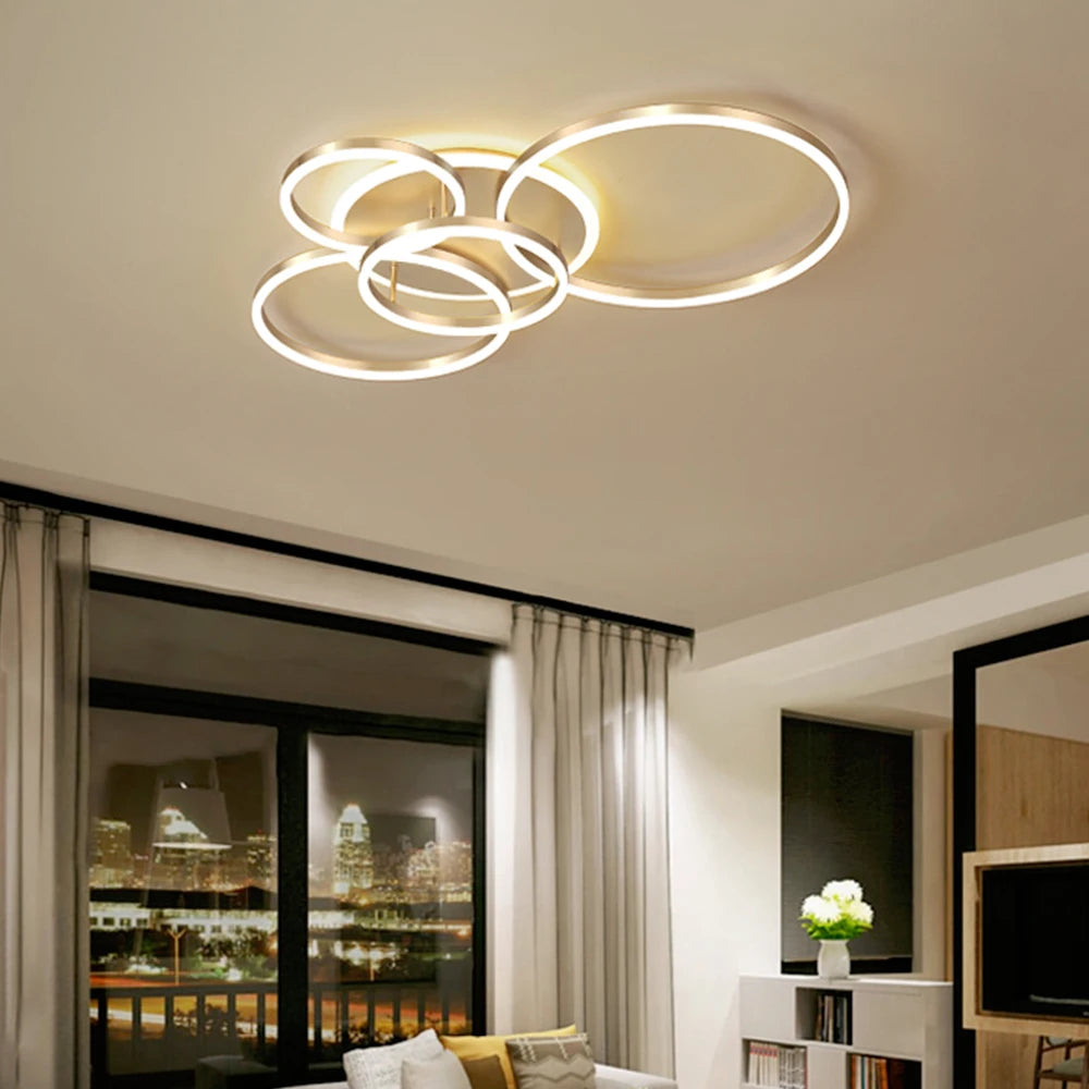 lampe moderne anneaux blanc or télécommande éclairage led minimaliste facile flux lumineux variable