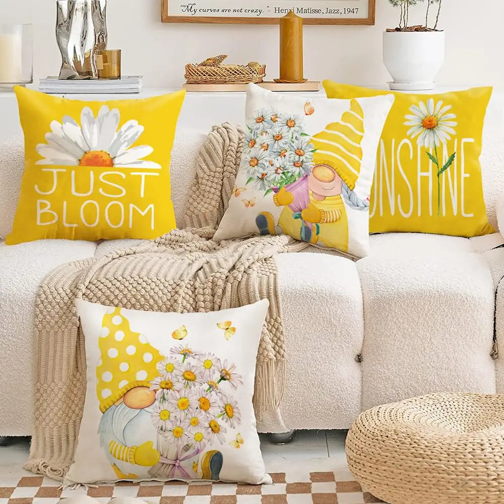 taies d'oreiller décoratives gnome fleurs blanc jaune cartoon motif floral non toxique respectueux environnement