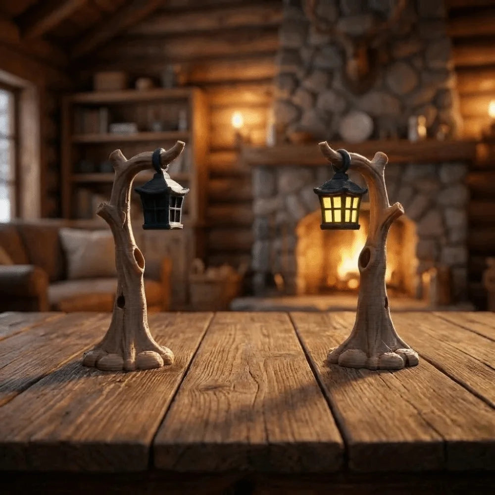 lanterne miniature rustique ornements bruns noir bois naturel opaques éclairage nocturne miniature tronc d'arbre
