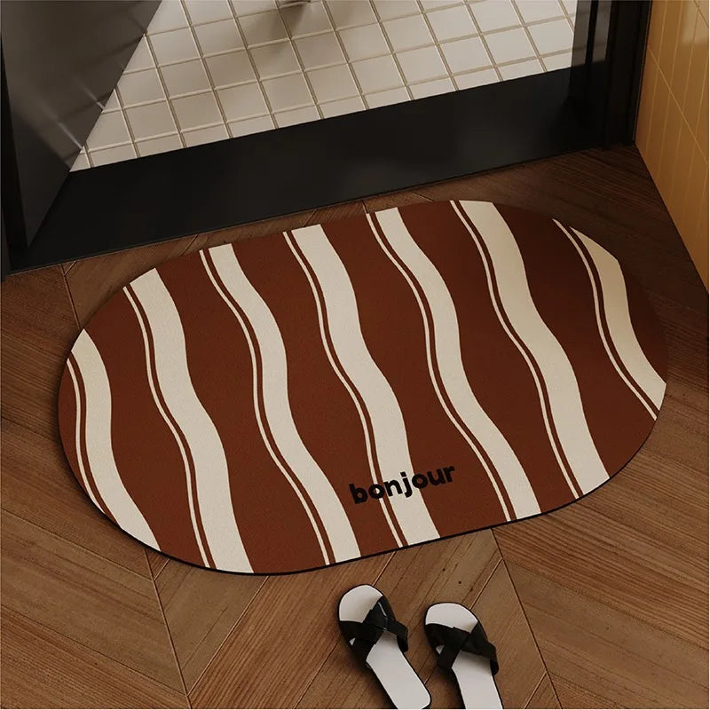 tapis bain marron beige bleu rayures ondulées retro absorbant antidérapant intérieur PVC