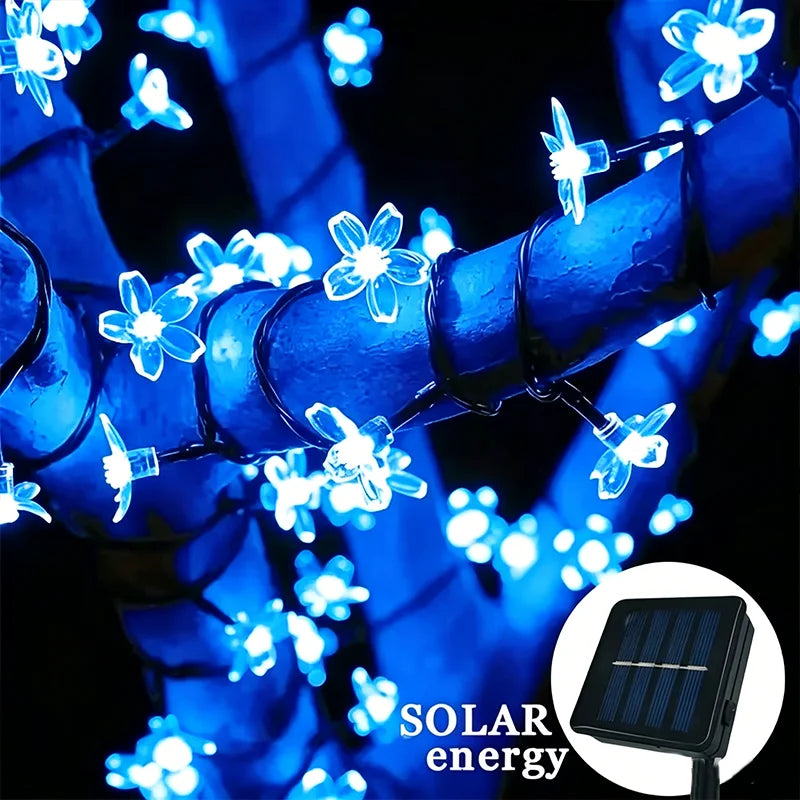 guirlande lumineuse solaire bleu clair fleurs stylisées moderne extérieure décoration fêtes led autonomes