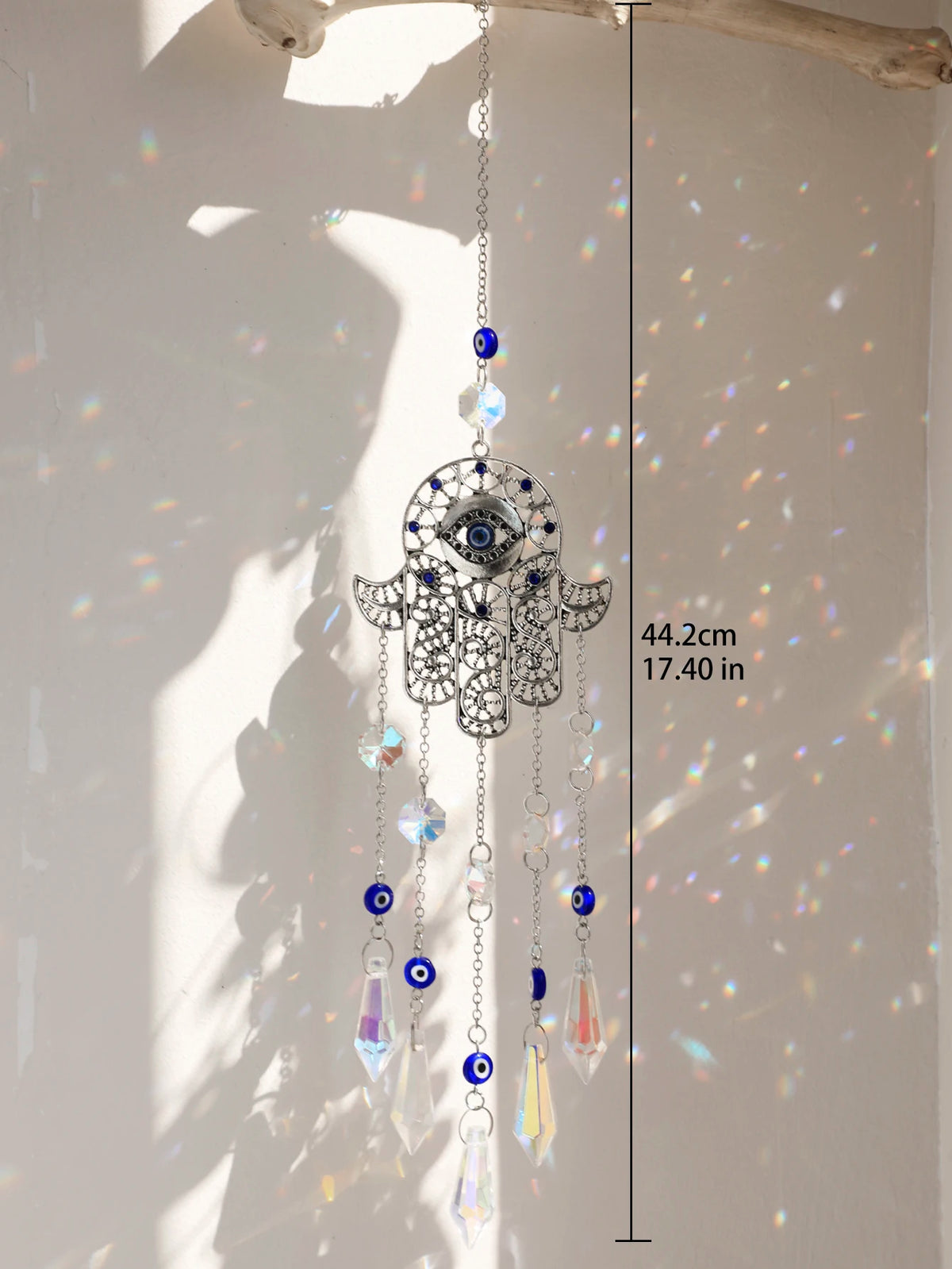 décoration jardin boho hamsa cristal prismes bleu argent transparent lumière capturante