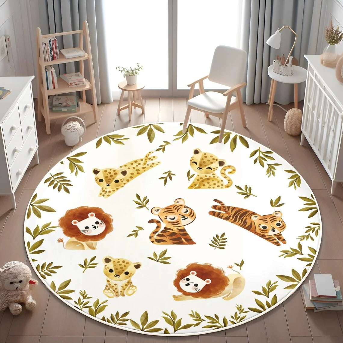 tapis rond polyester antidérapant motif animaux jungle enfant moderne 120x120cm