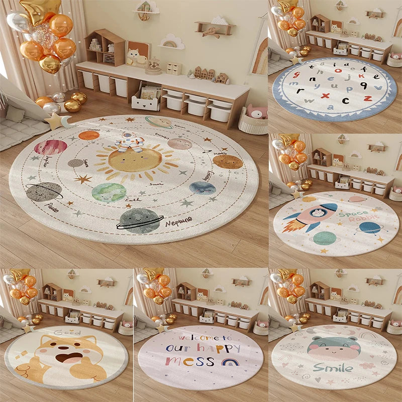 tapis rond enfant motif planètes étoiles décoration chambre bébé couleur bleu beige gris