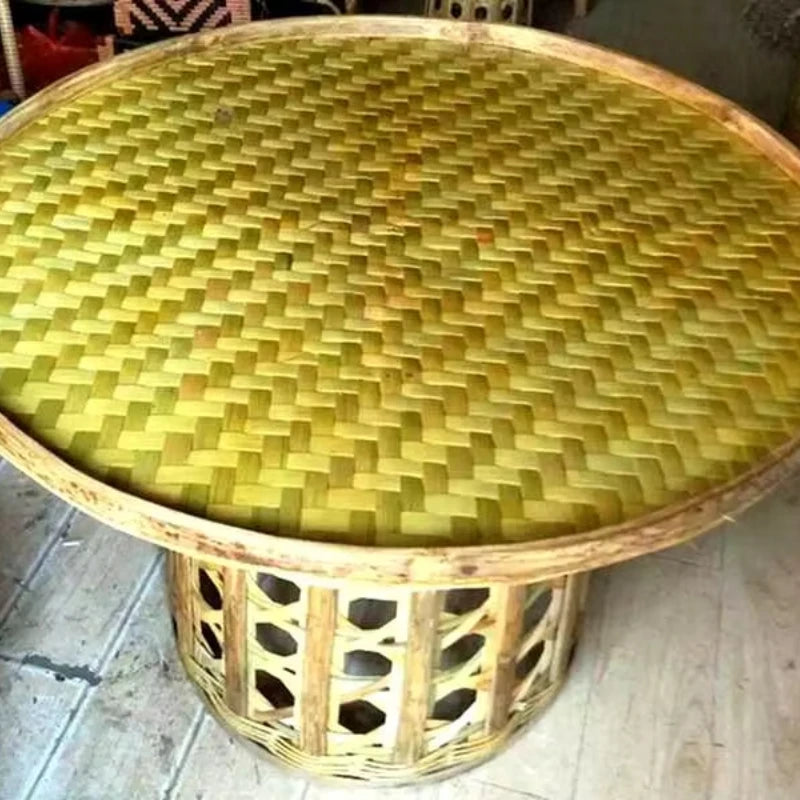 table basse bambou tissé rustique moderne table ronde artisanale naturelle motifs géométriques