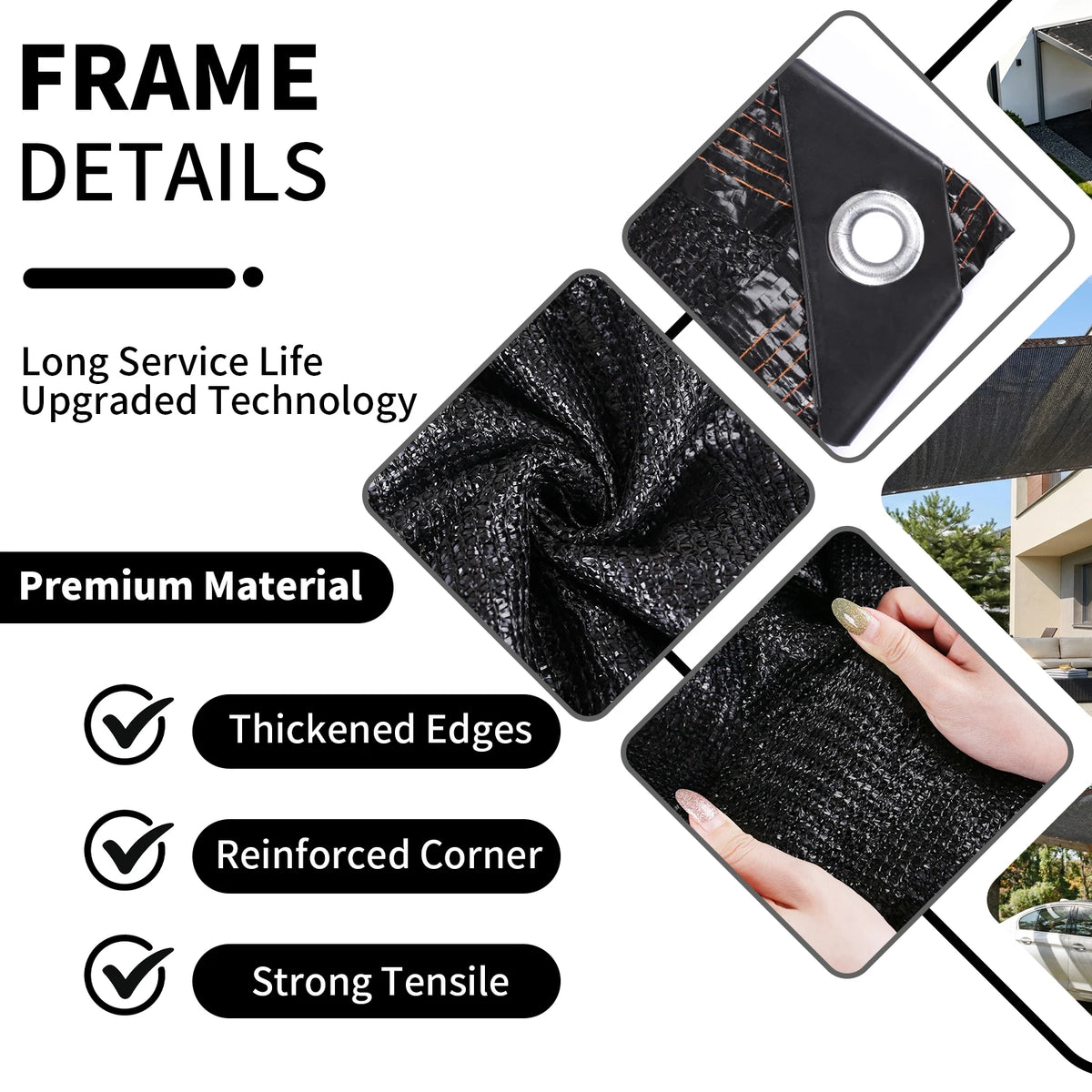 toile protection solaire noir maille fine opacité moderne anneaux métalliques corde boules élastiques guide