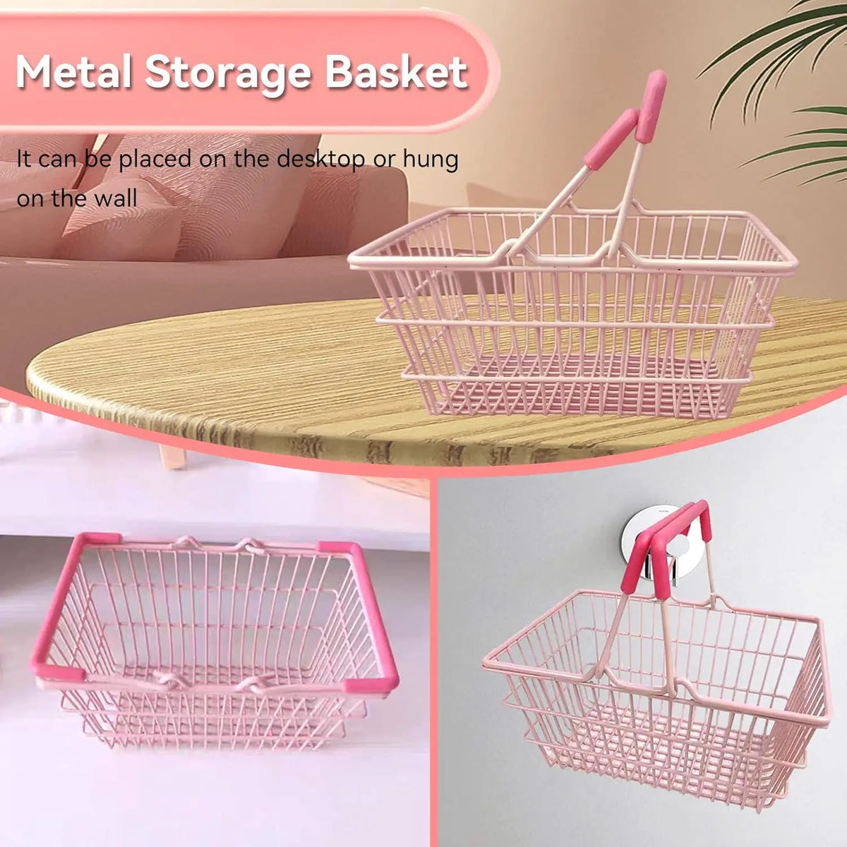 panier rangement rose clair réutilisable fer moderne minimaliste poignées détachables cosmétiques bijoux stockage fille