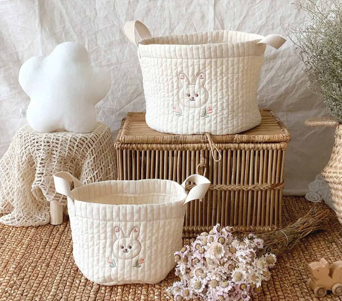 panier rangement brodé animaux ours lapin écureuil poignées détachables rangement vêtements moderne respectueux environnement