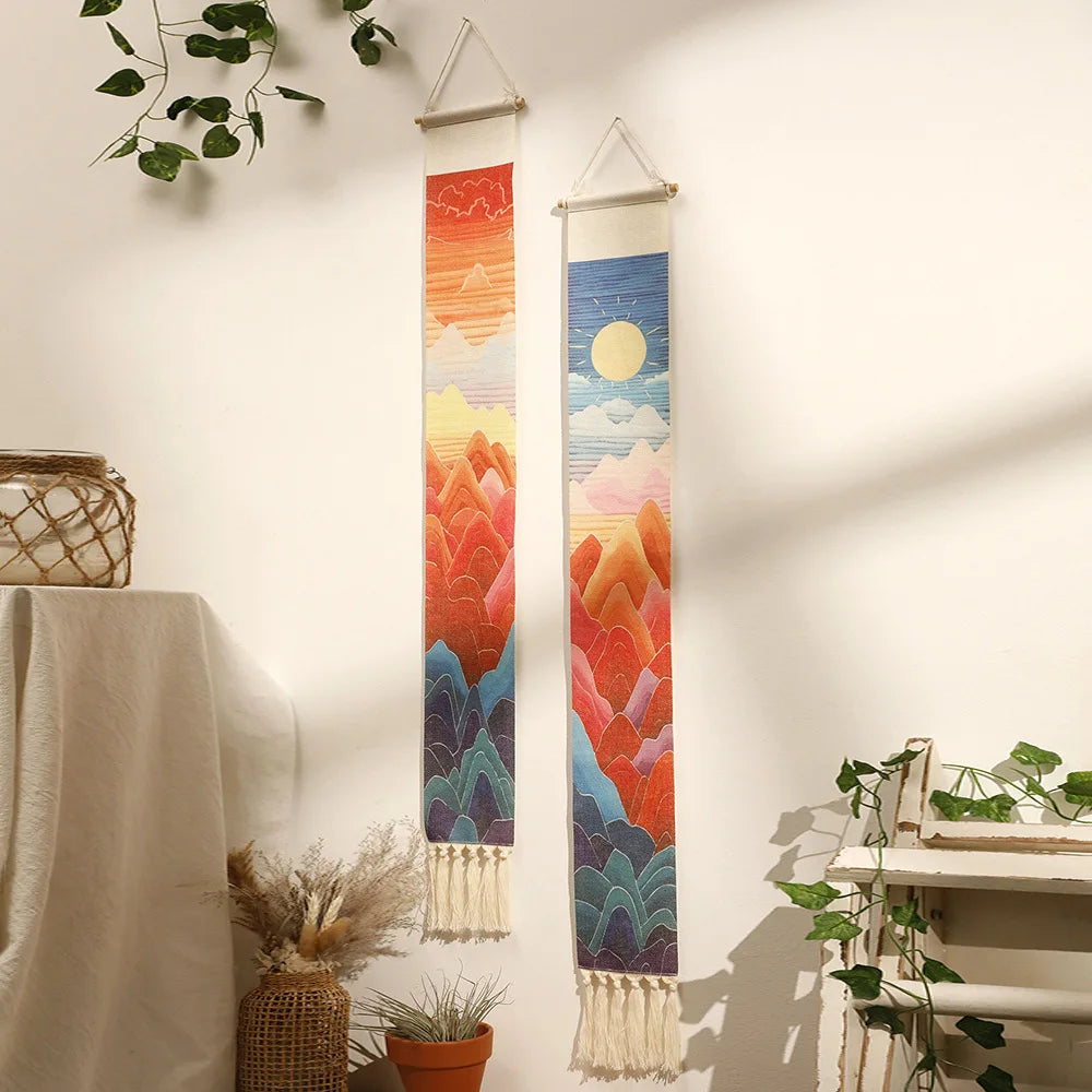 tenture murale bohème paysage montagnes soliel coton orange rouge bleu beige blanc minimaliste
