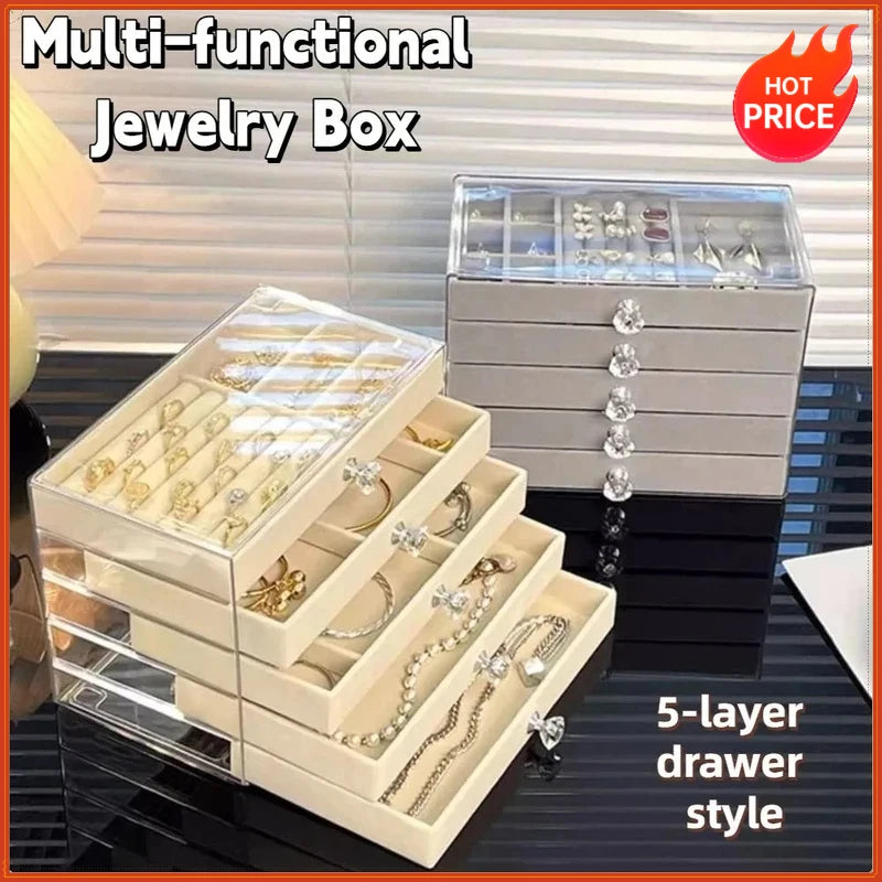 boîtes bijoux velours transparentes modernes rangement boucles oreilles bagues bracelets colliers poignées chic