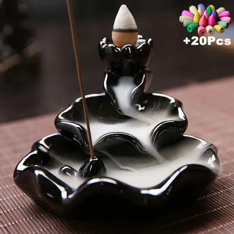 diffuseur encens retour eau céramique noir effet marbré moderne cônes colorés