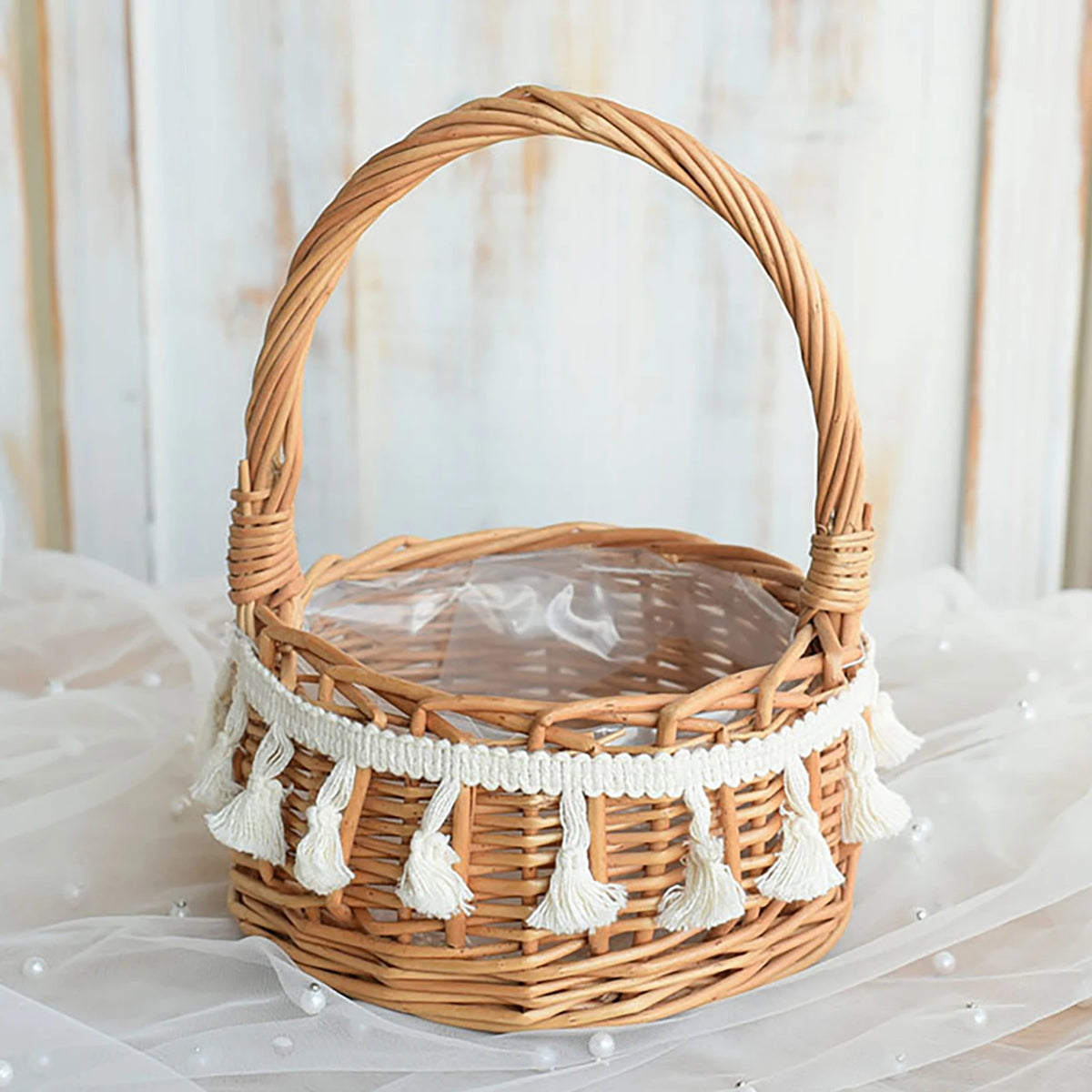 panier rotin tressé traditionnel beige clair poignée ruban blanc stockage rangement utilisation multipleDecorationFleurs