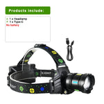 lampe frontale rechargeable led noire jaune verte zoom télecommande mode faible fort camping pêche