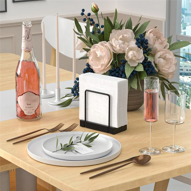 serviettes table blancs rayures fines moderne support métal noir 70 pièces