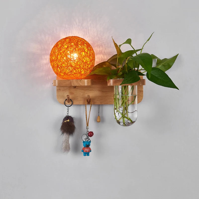 lampe murale scandinave bois naturel feuilles vertes plante boule lumineuse chaîne éclairage chambre salon