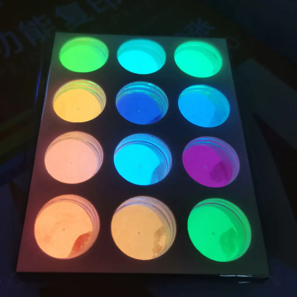 poudre fluorescente glow nuit 12 couleurs vert bleu orange rose moderne nail art vernis